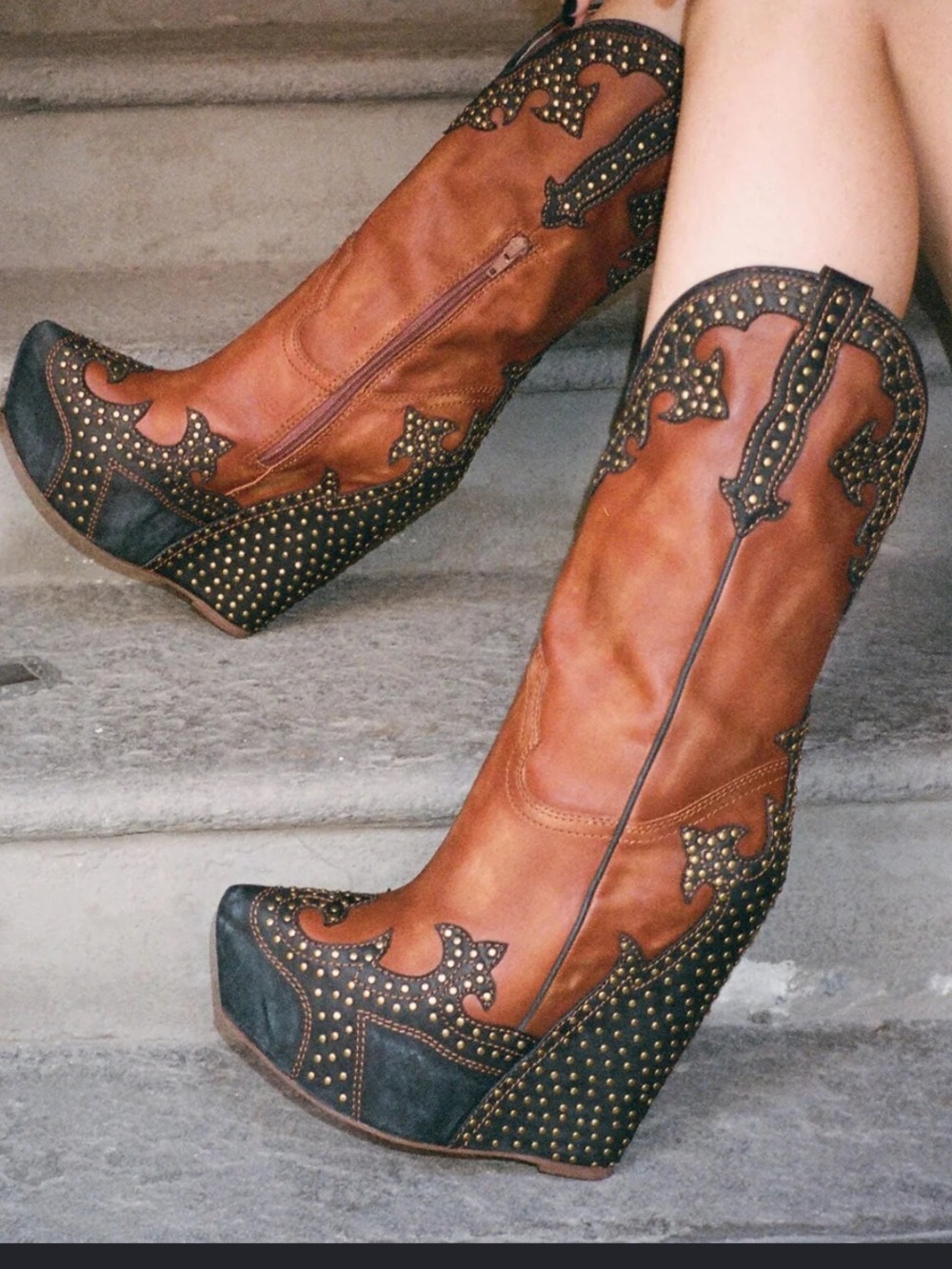 Jeffrey Campbell Brown and Black Studded Western Wedge Boots
